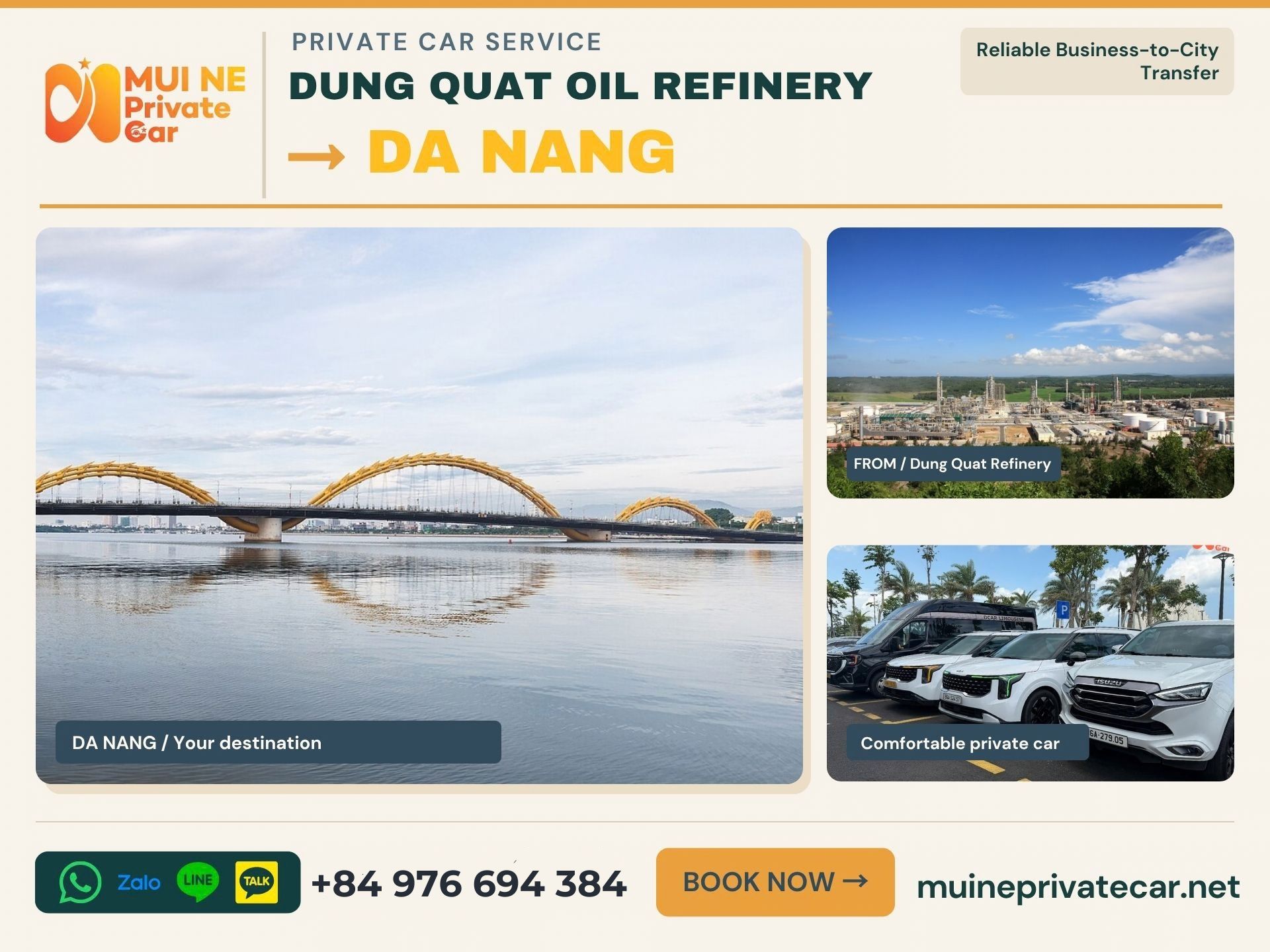 Private car transfer from Dung Quat Oil Refinery to Da Nang – Mui Ne Private Car