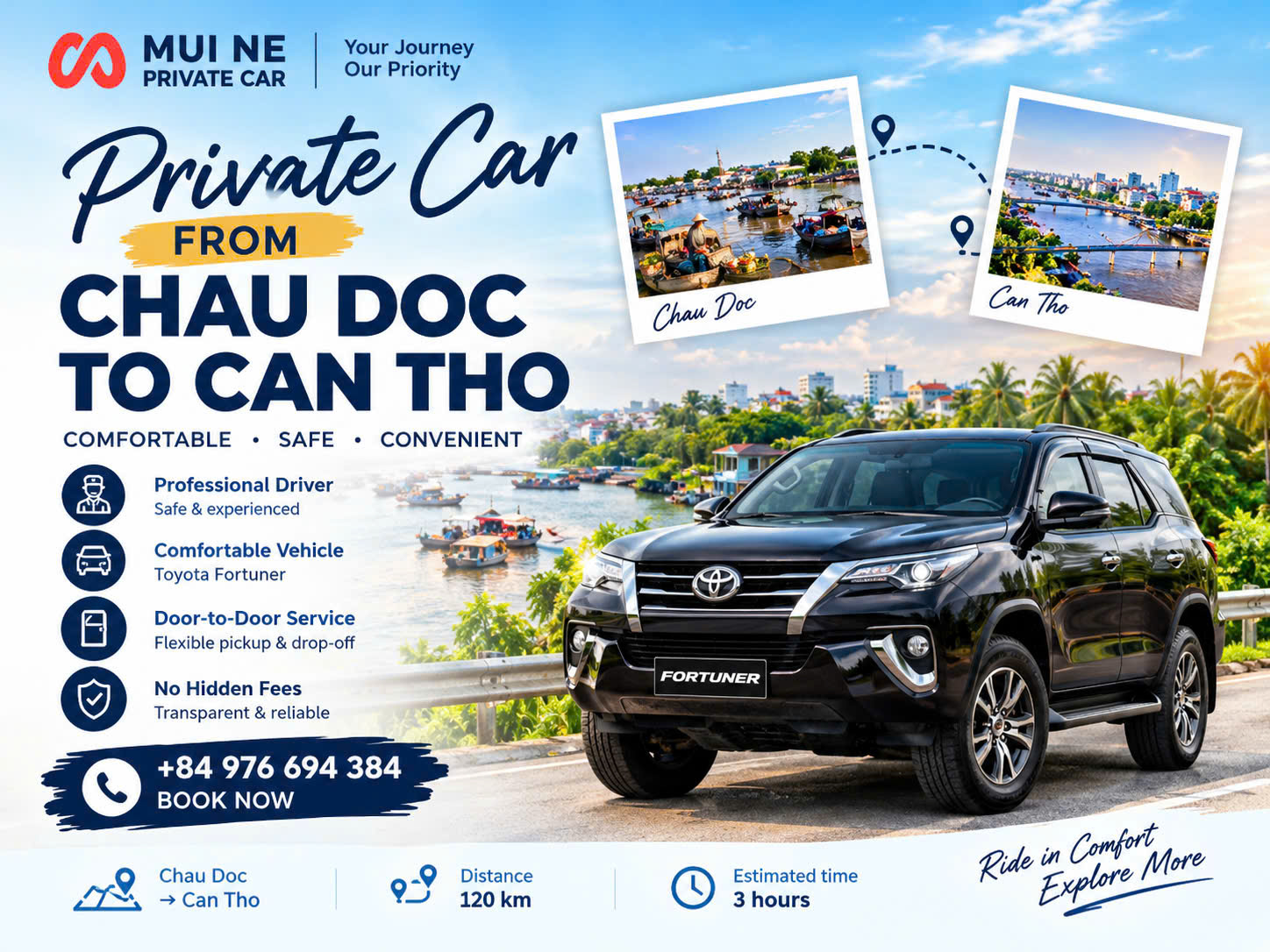 Private car transfer travelling through the Mekong Delta from Chau Doc to Soc Trang
