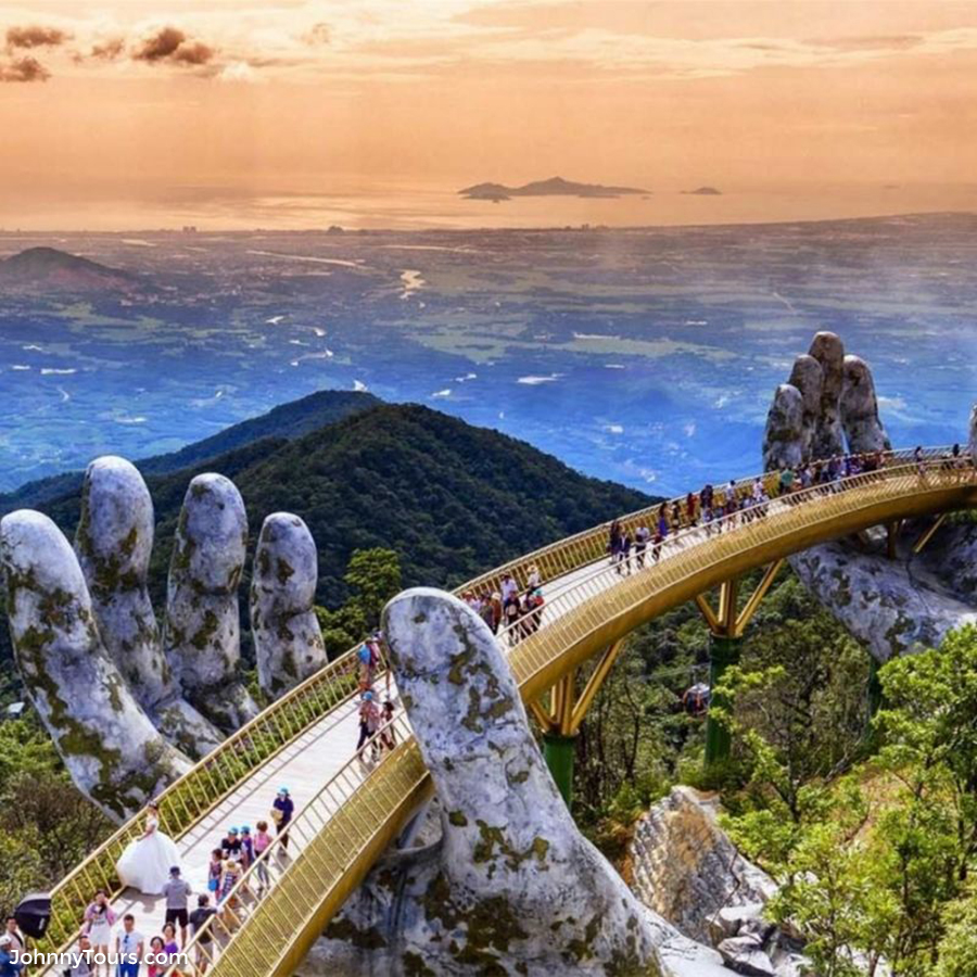 Golden Bridge at Ba Na Hills in the morning with few visitors