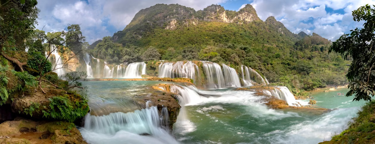 Bamboo boats at the foot of Ban Gioc Waterfall in Cao Bang