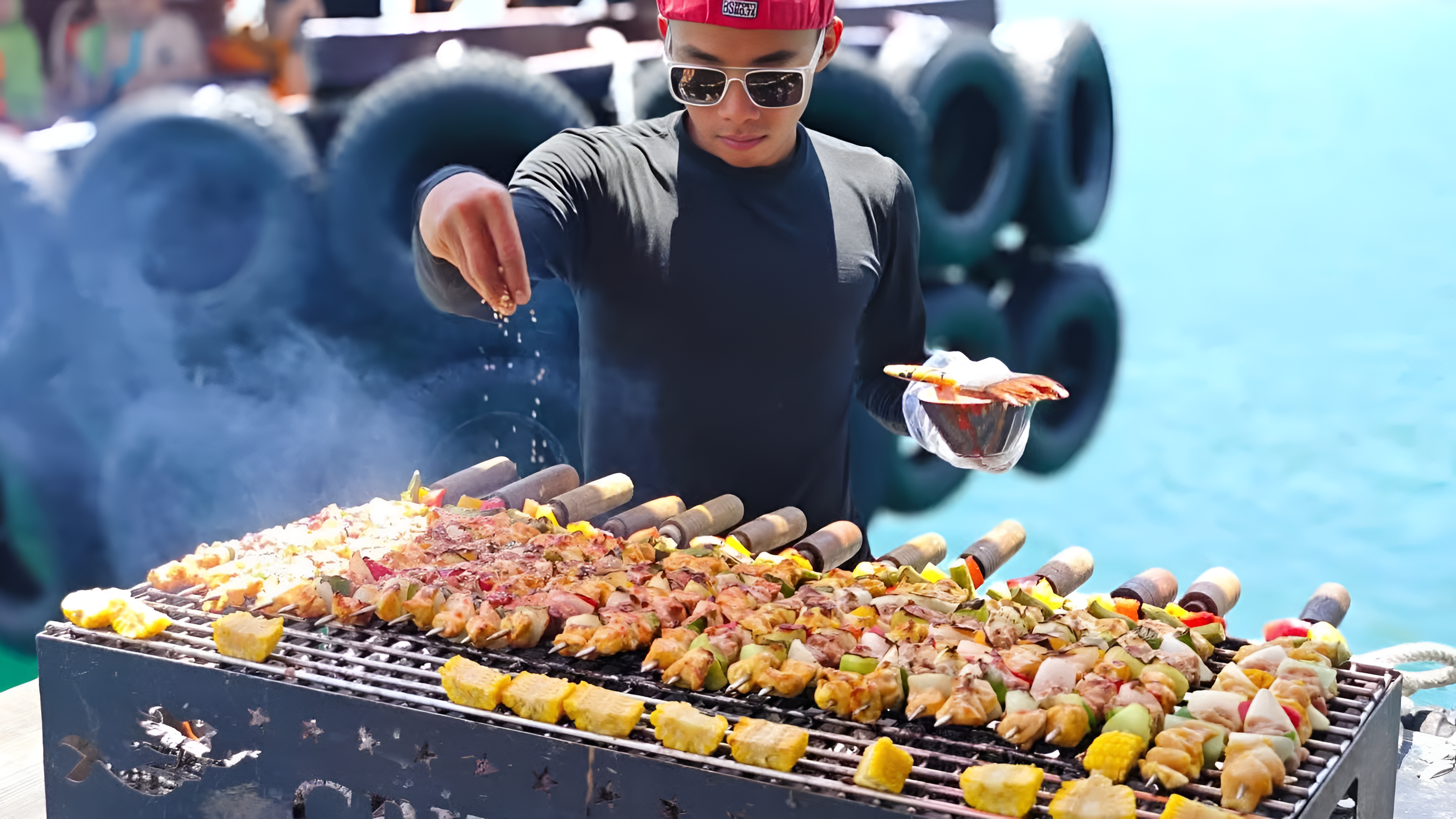 BBQ grilled skewers served onboard the boat
