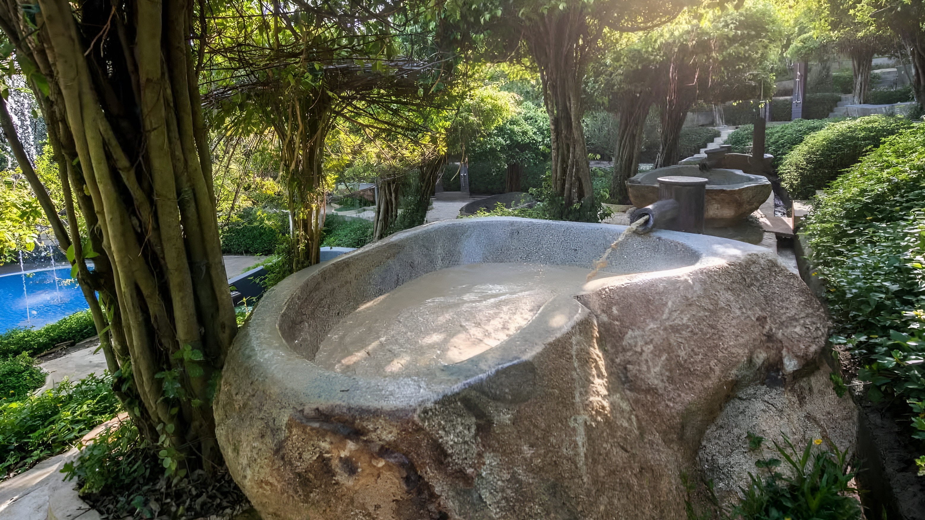 Mineral pools and waterfalls in a garden setting