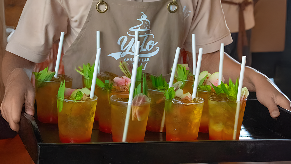 Welcome drinks served on a tray at Yolo Bakery Lab